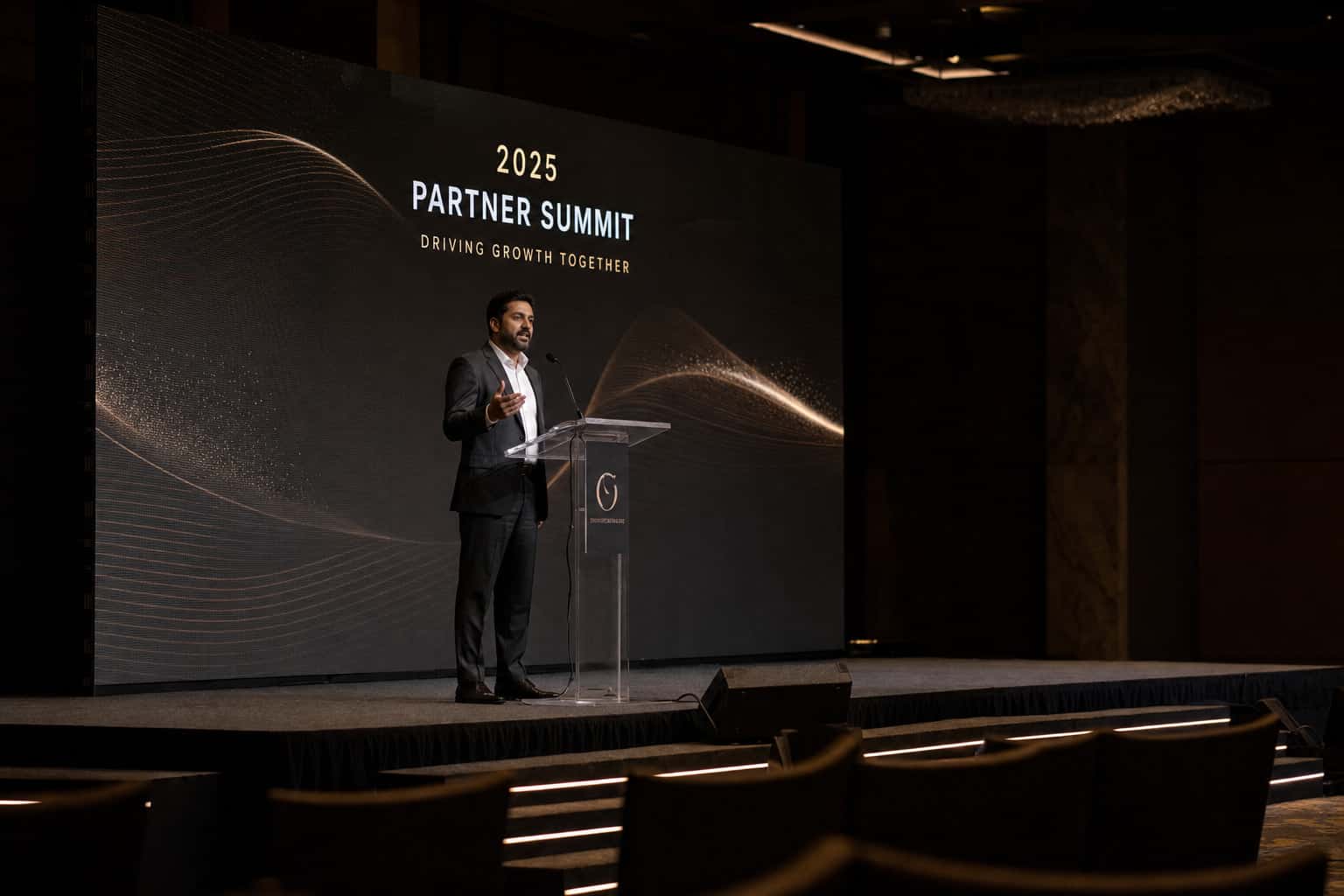 Solo keynote speaker at a podium on a dark corporate conference stage with golden LED backdrop, empty hall