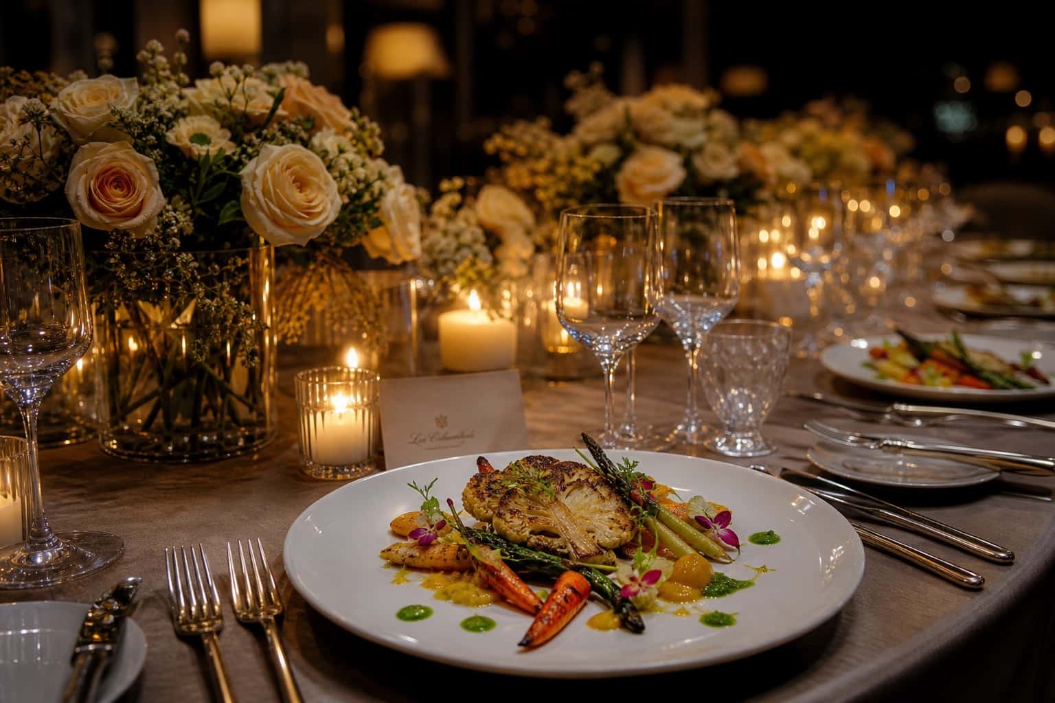 Vegetarian Michelin-style gourmet plate with crystal glassware at a gala dinner