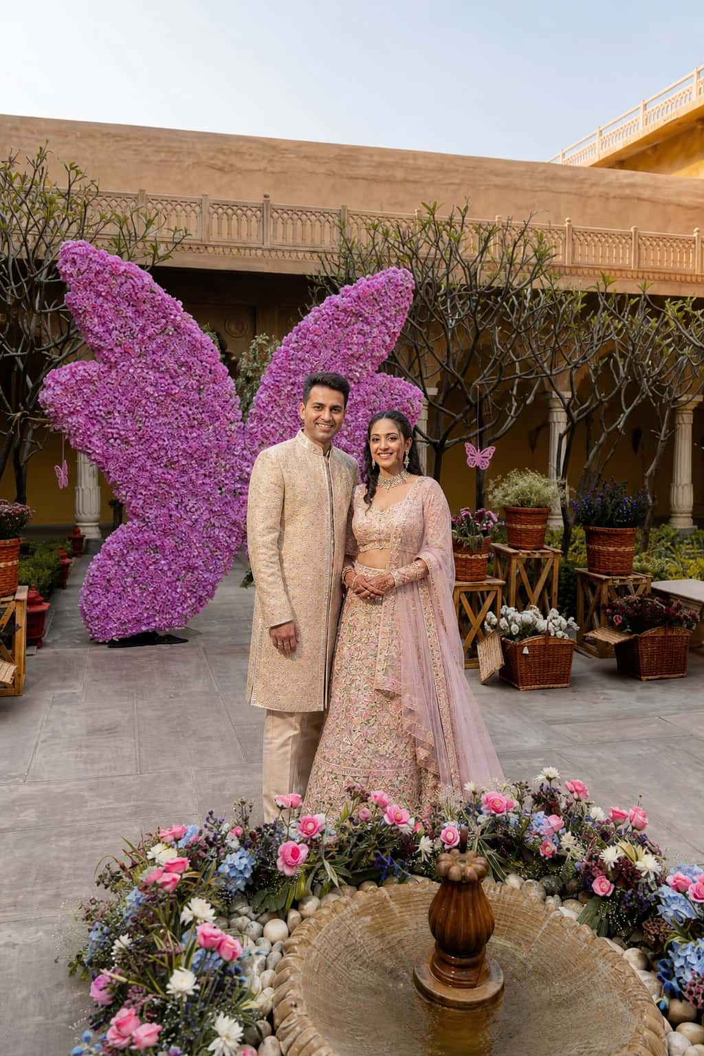Heritage courtyard with a large purple floral butterfly installation