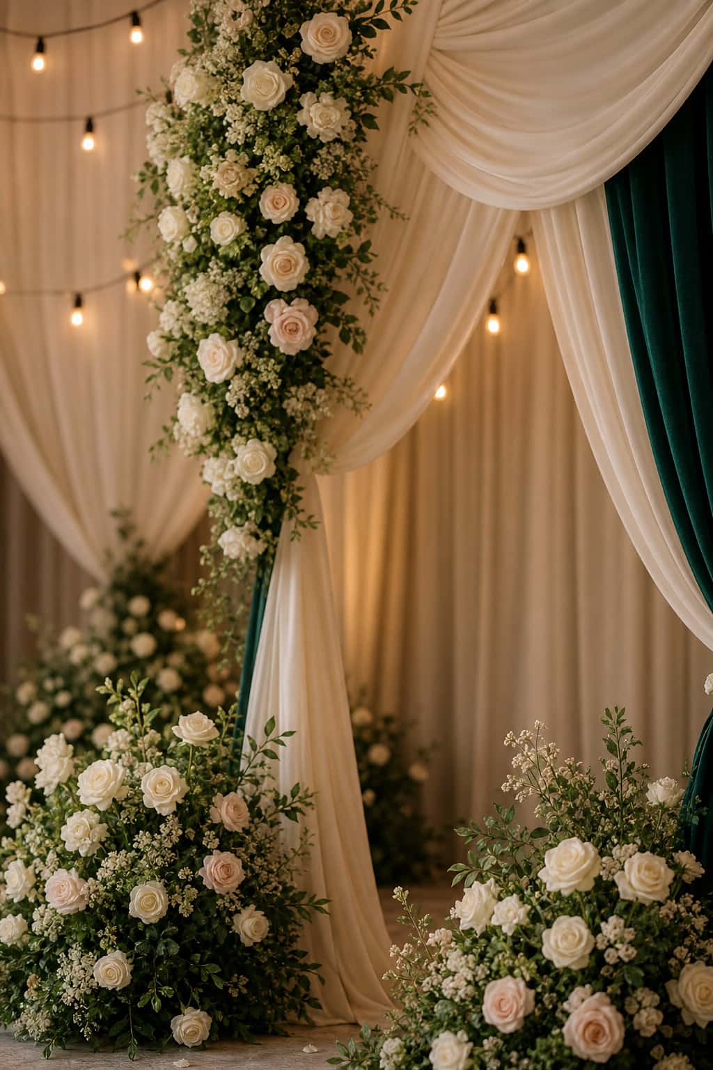 Ivory rose floral cascade with emerald drapery and soft fabric architecture