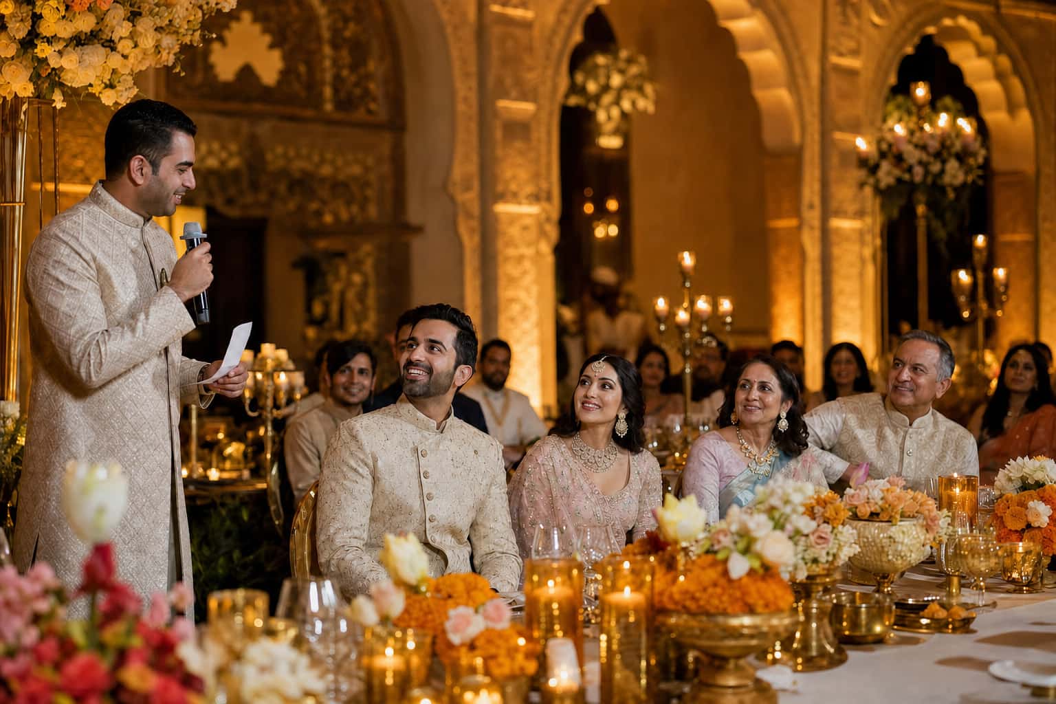 Luxury Indian evening wedding reception with traditional decor