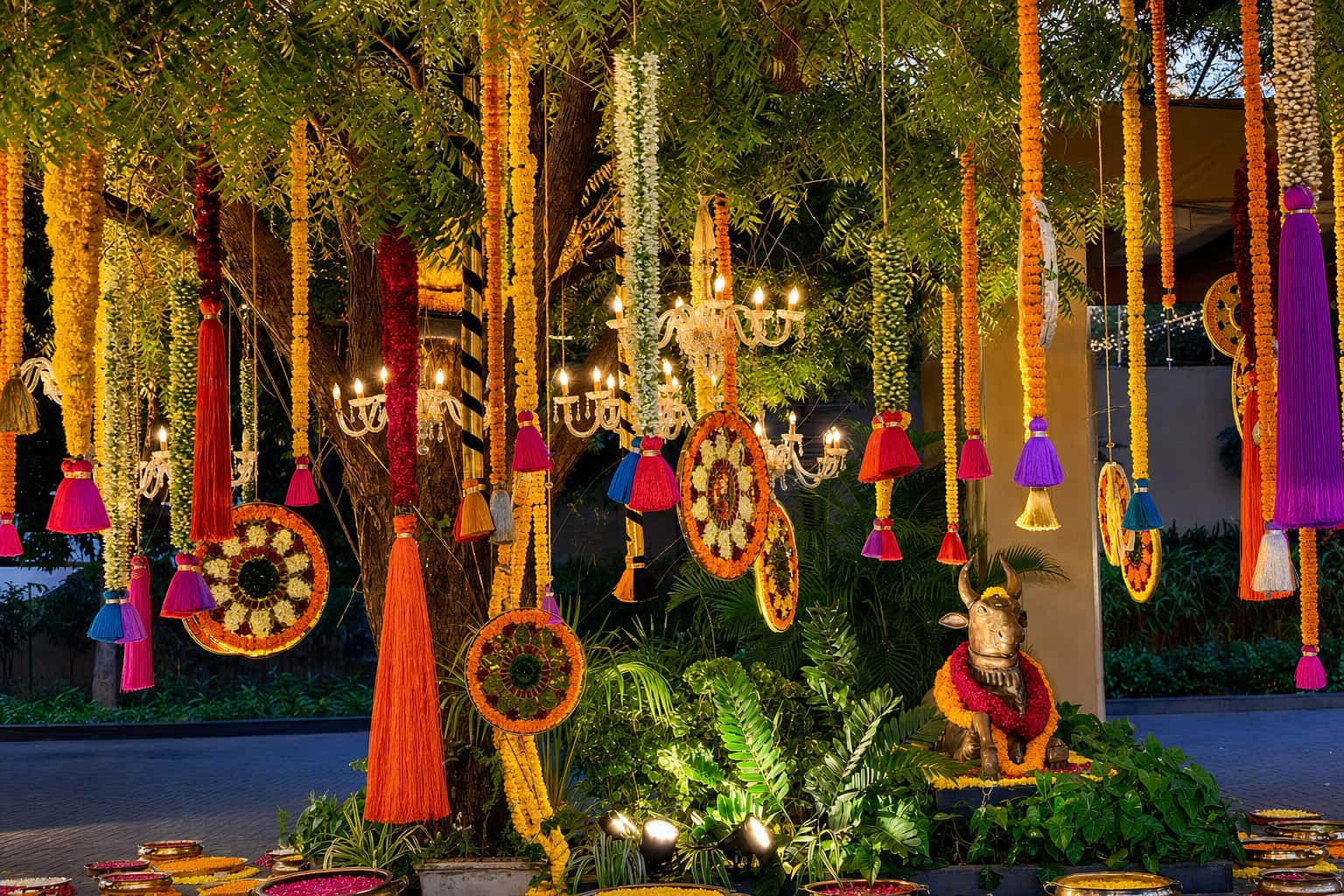 Outdoor celebration with marigold garlands and colourful tassels