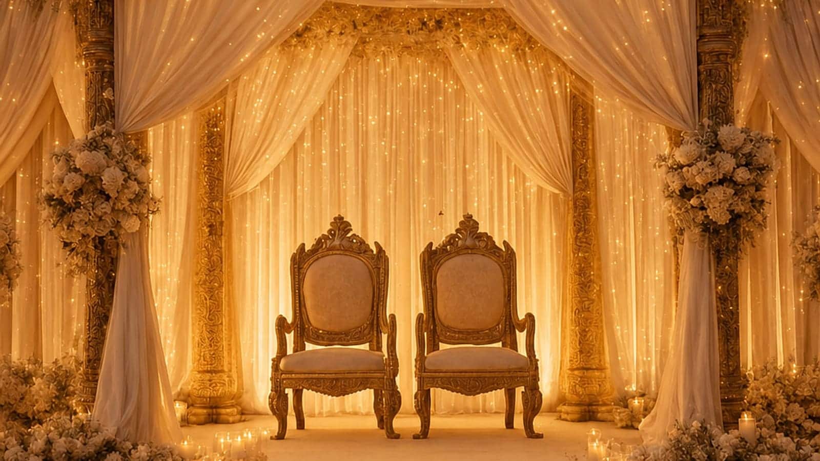 Warm golden wedding mandap with cream chairs, blush florals, and candlelit steps